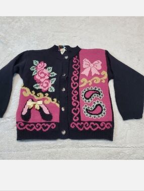 Vintage Jetset Black Pink Floral Heart Bows Ballet Preppy Knit Cardigan Large 6x